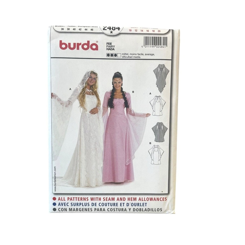 Burda 2484 Sewing Pattern Women 10-20 White Pink Fairy Medieval Gown Uncut